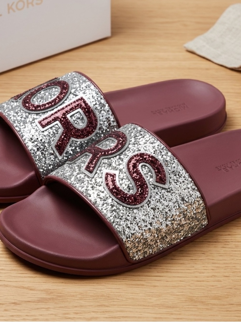 MICHAEL Michael Kors Burgundy Footbed Glitter KORS Slide Sandals - Picture 2 of 4